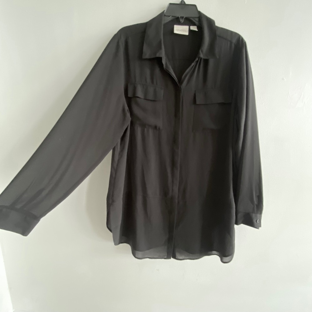 Chico's Black Button Down Shirt Long Sleeve Pocket Blouse Size 2 Large - Picture 2 of 9